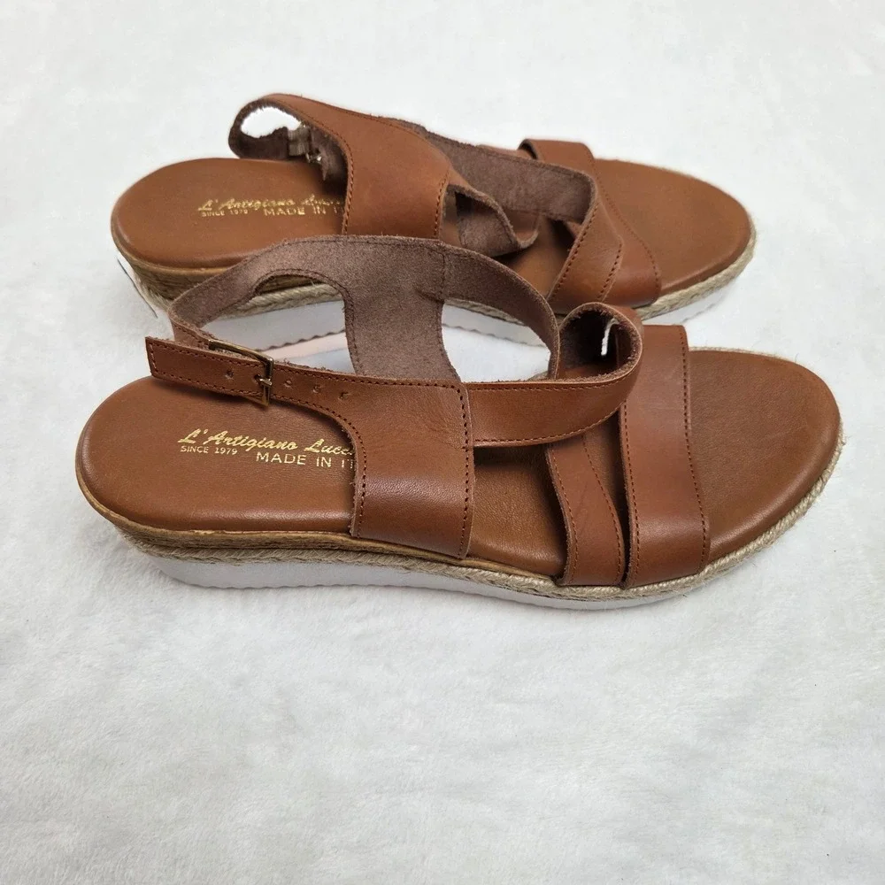 NWT L'Artigiano Lucchese Italy Happy‎ Brown Leather Cork Wedge Sandals NWT 8